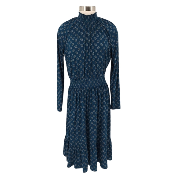 Michael Kors Blouson Fit Flare Dress Green Paisley Long Sleeve Mock Neck Large - Picture 1 of 9